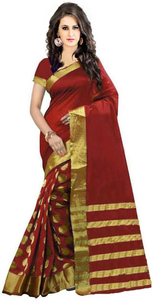 Bhuwal Fashion Cotton Blend Printed Saree With Unstitched Blouse Piece ( Red ) - Sarees | Buy online on ZillyBuy