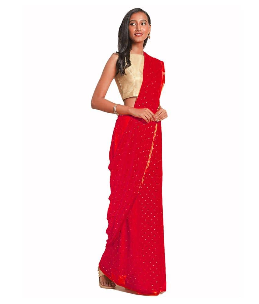 Bhuwal Fashion Georgette Sequined Saree With Unstitched Blouse Piece ( Red ) - Sarees | Buy online on ZillyBuy