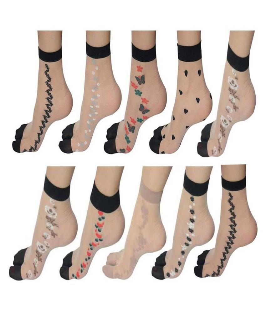     			HF LUMEN transparent/net nylon side flower ankle length socks with thumb (Pack of 10)