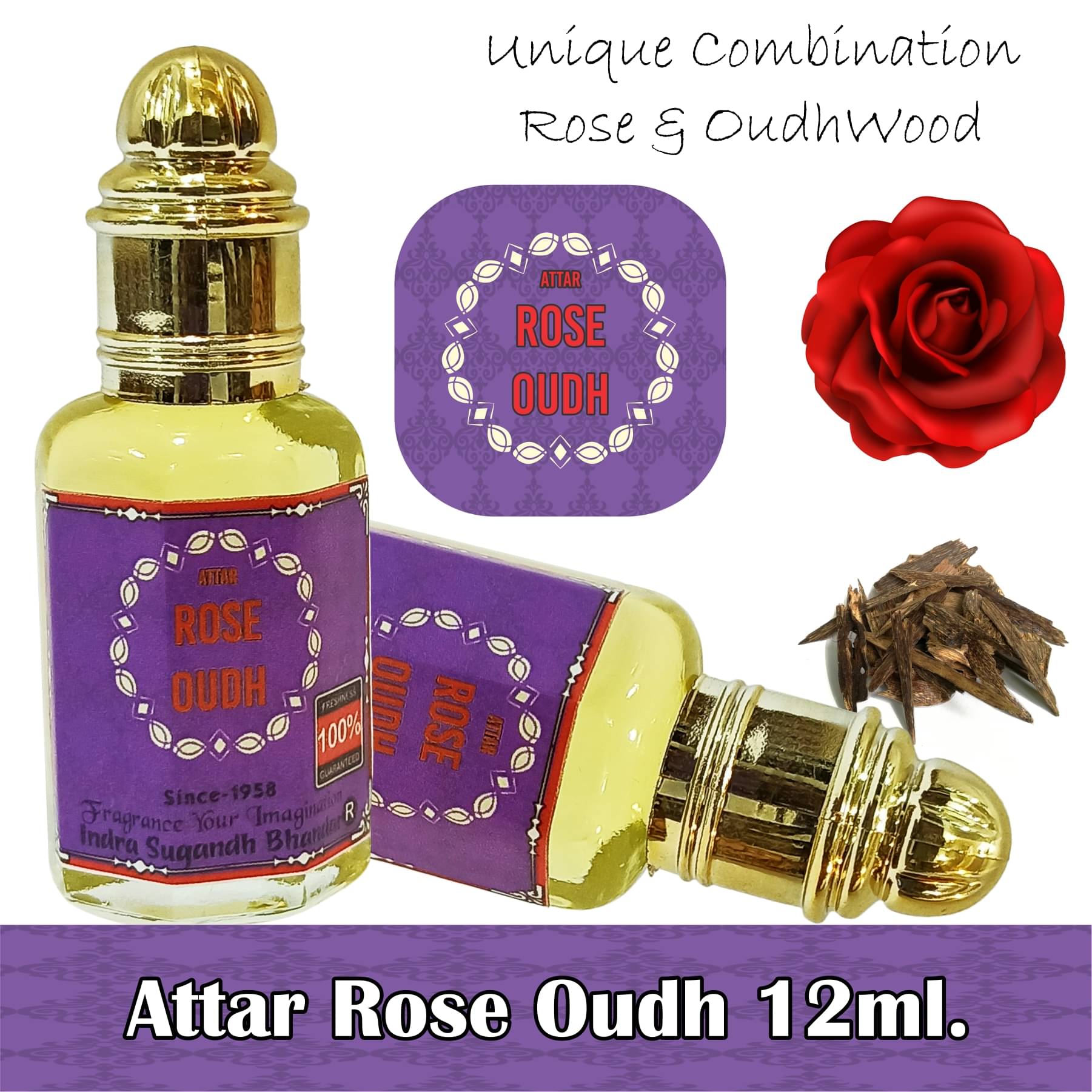     			INDRA SUGANDH BHANDAR Attar For Men|Women Rose Oudh Pure Agarwood and Gulab Combination Long Lasting Fragrance 25ml Rollon Pack