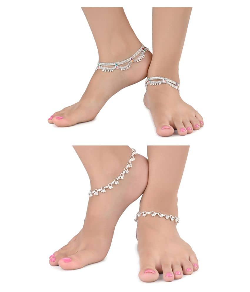 AanyaCentric Combo of 2 Pair Silver Plated White Metal Indian Traditional Ethnic Payal Anklets - Anklets | Buy online on ZillyBuy