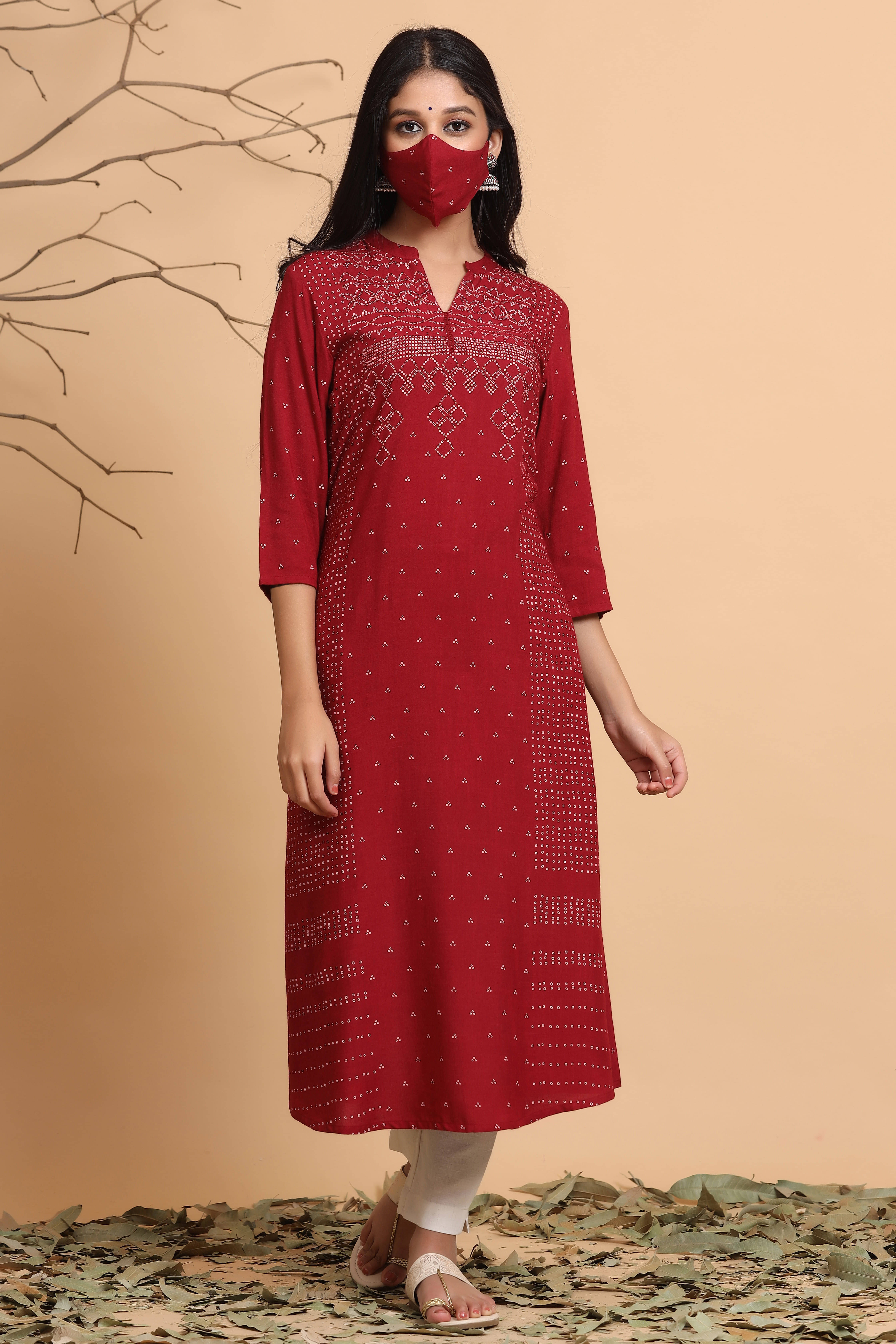     			Juniper Rayon Printed Straight Women's Kurti - Maroon ( Pack of 1 )