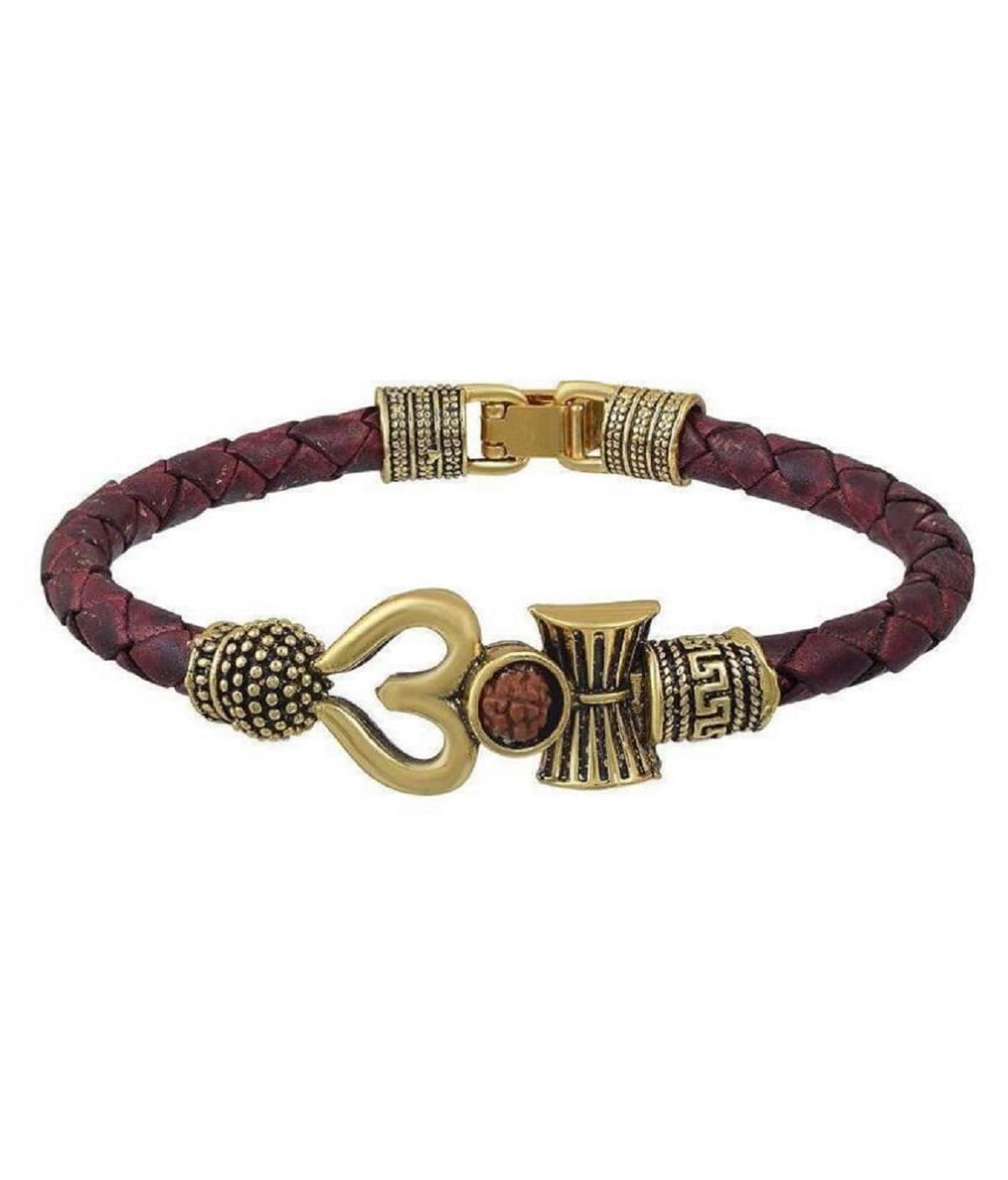     			Shri Astha Vinayak SHIV BRACELET Trishul Damru OM Rudraksha Beads ,Trishul Damroo Designer Oxidized golden Bahubali Leather Kada