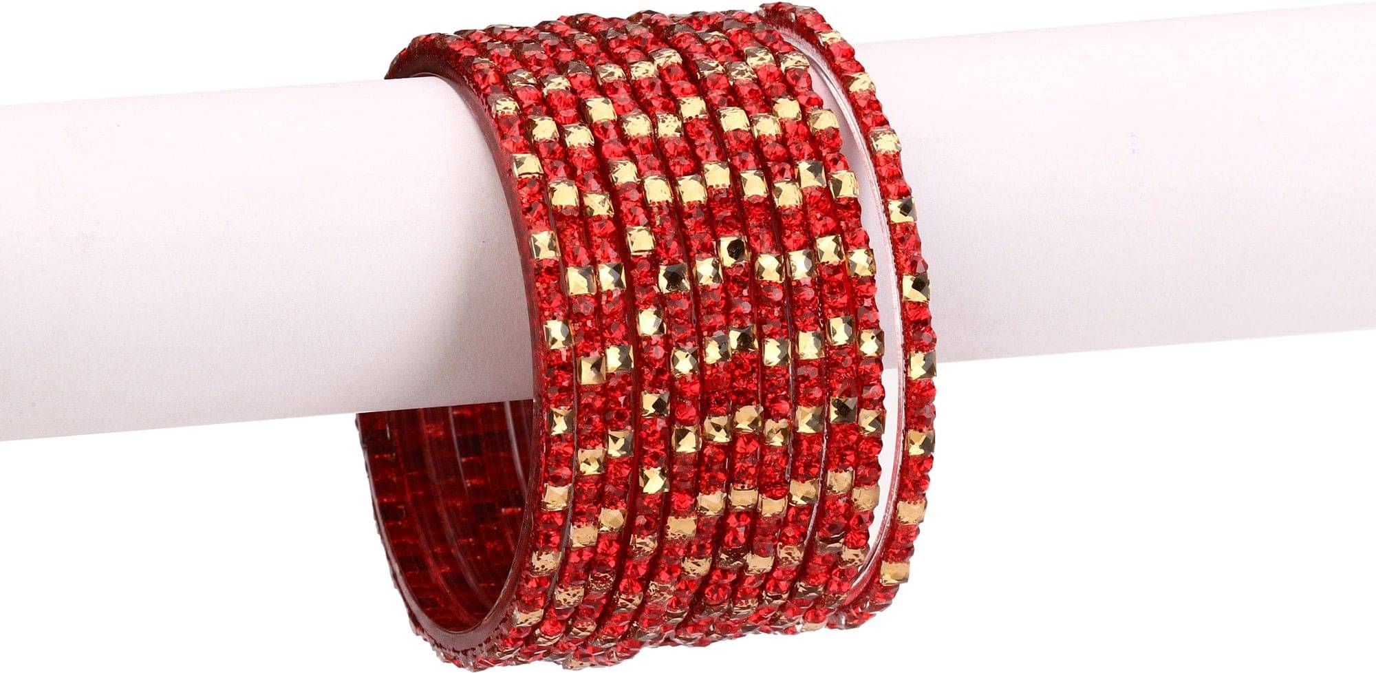 Somil 12 Firing Red Glass Bangle Party Set Fully Ornamented With Colorful Beads & Crystal With Safety Box-EI_2.8 Somil 12 Firing Red Glass Bangle Party Set Fully Ornamented With Colorful Beads & Crystal With Safety Box-EI_2.8
