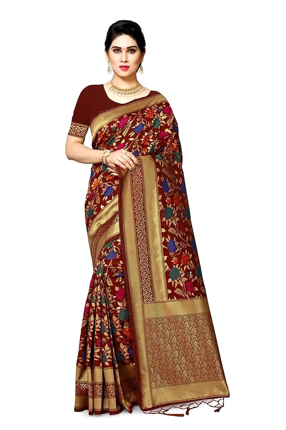NENCY FASHION Banarasi Silk Self Design Saree With Unstitched Blouse Piece ( Maroon ) - Sarees | Buy online on ZillyBuy