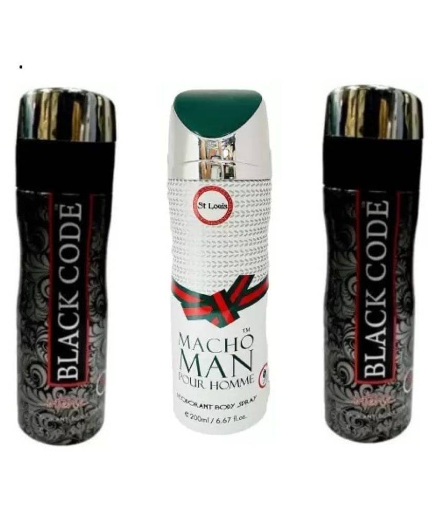 ST LOUIS 1 MACHO MAN, 2 BLACK CODE DEODORANT BODY SPRAY, 200 ML EACH , PACK OF 3 ST LOUIS 1 MACHO MAN, 2 BLACK CODE DEODORANT BODY SPRAY, 200 ML EACH , PACK OF 3