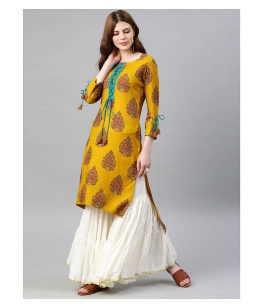     			Yash Gallery Pack of 1 Rayon Printed Asymmetrical Women's Kurti - ( Yellow )