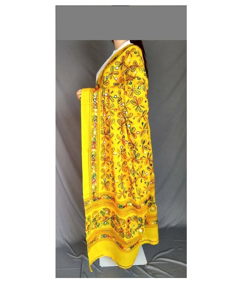     			Apratim Yellow Cotton Aari Embroidered Dupatta