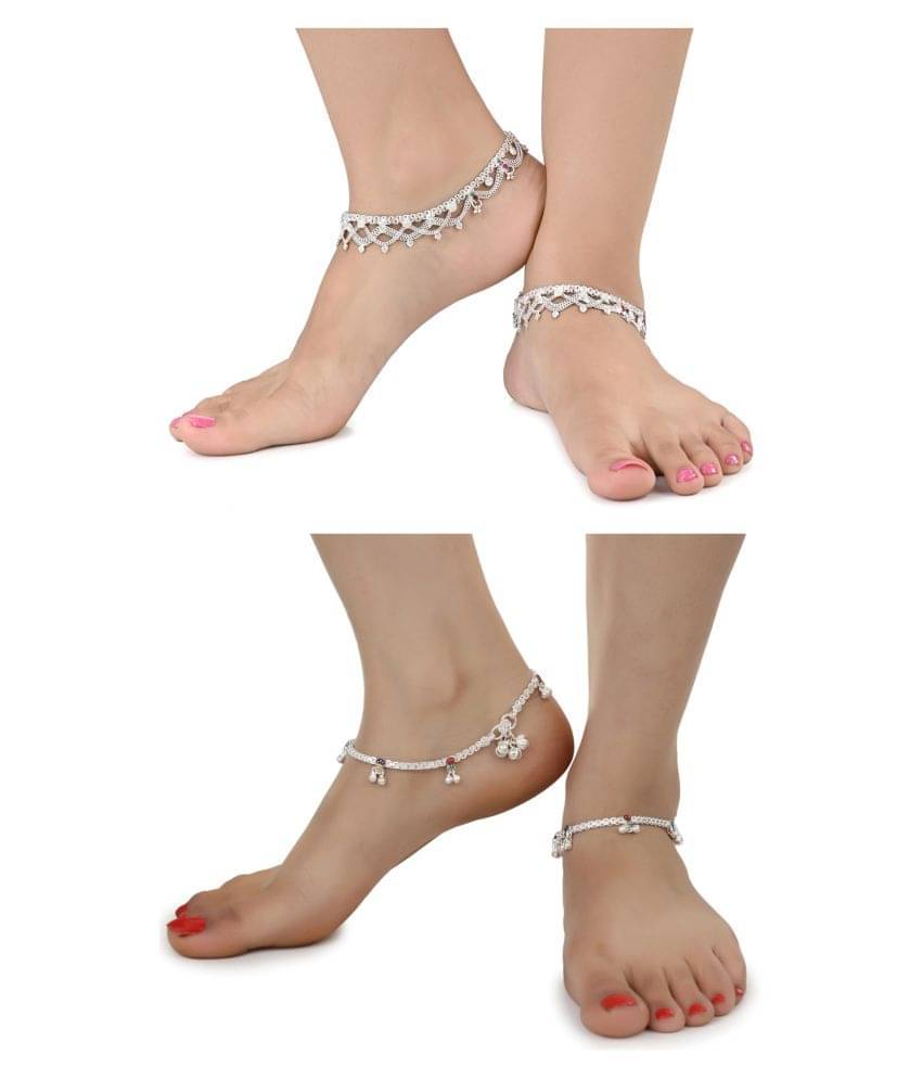 AanyaCentric Combo of 2 Pair Silver Plated White Metal Indian Traditional Ethnic Payal Anklets AanyaCentric Combo of 2 Pair Silver Plated White Metal Indian Traditional Ethnic Payal Anklets