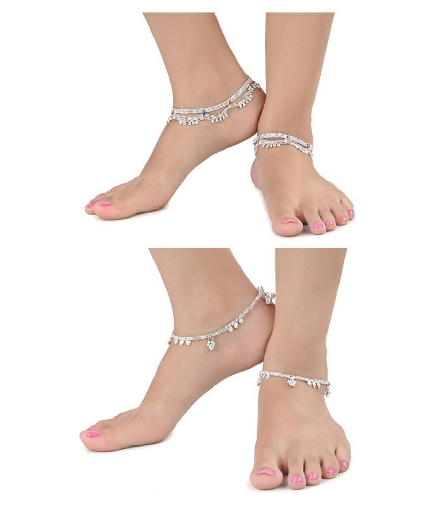 AanyaCentric Combo of 2 Pair Silver Plated White Metal Indian Traditional Ethnic Payal Anklets AanyaCentric Combo of 2 Pair Silver Plated White Metal Indian Traditional Ethnic Payal Anklets