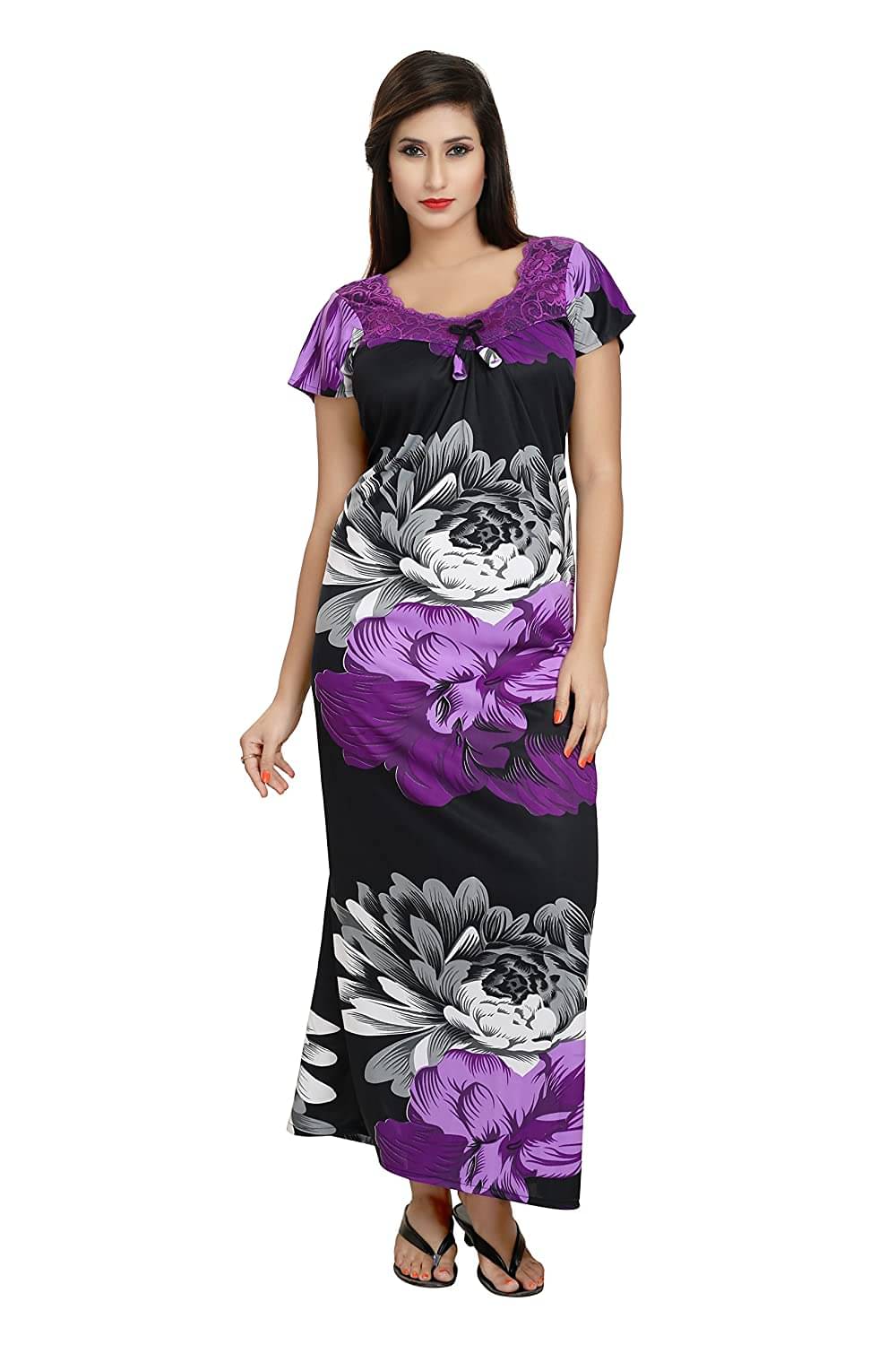 Raj Satin Nighty & Night Gowns - Purple     			Raj Satin Nighty & Night Gowns - Purple