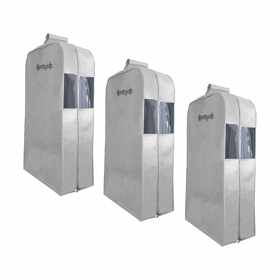     			PrettyKrafts Hanging Garment Bags for Storage – Suit Bag, Dress Shirt, Coat and Dress Cover with Window & Zipper, (Set of 3)Grey