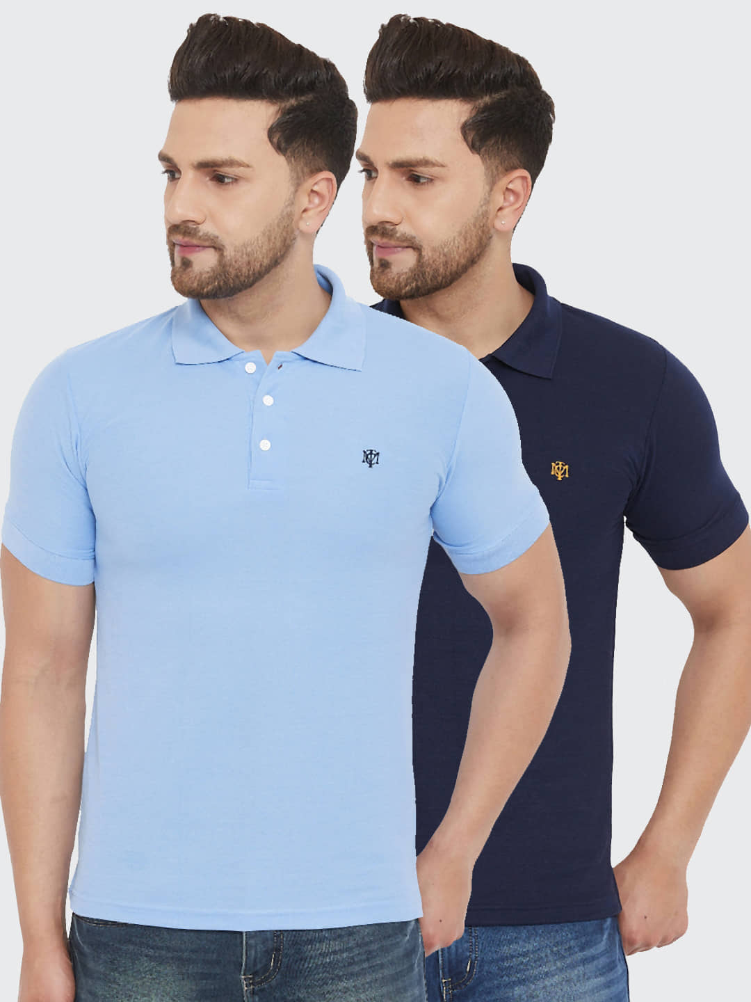 The Million Club Pack of 2 Polyester Regular Fit Solid Half Sleeves Men's Polo T Shirt ( Blue )