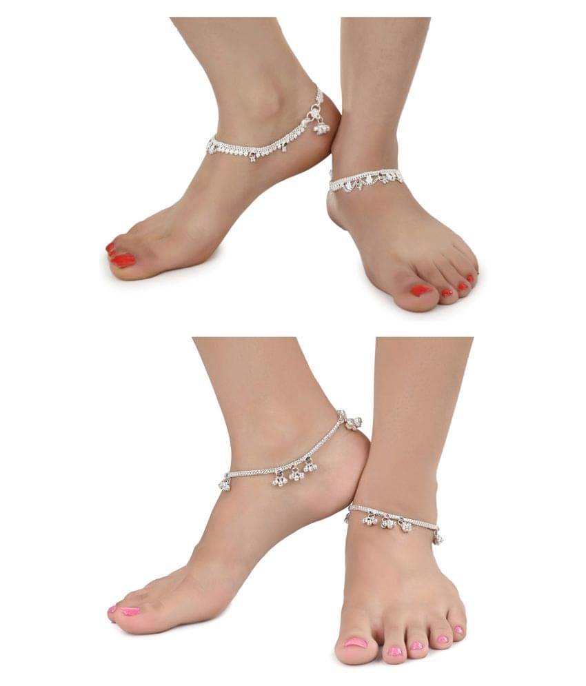 AanyaCentric Combo of 2 Pair Silver Plated White Metal Indian Traditional Ethnic Payal Anklets AanyaCentric Combo of 2 Pair Silver Plated White Metal Indian Traditional Ethnic Payal Anklets