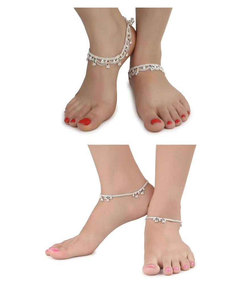     			AanyaCentric Combo of 2 Pair Silver Plated White Metal Indian Traditional Ethnic Payal Anklets