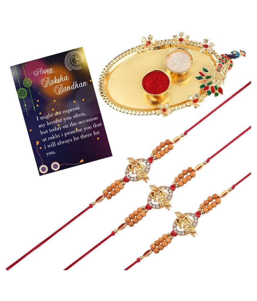Paola Stylish Look "KRISHNA JI " Pendant Rakhi with Kankawati Pooja Thali Roli Chawal Greeting Card For Bhaiya/Brother/Bhai Pack Of 3 Paola Stylish Look "KRISHNA JI " Pendant Rakhi with Kankawati Pooja Thali Roli Chawal Greeting Card For Bhaiya/Brother/Bhai Pack Of 3