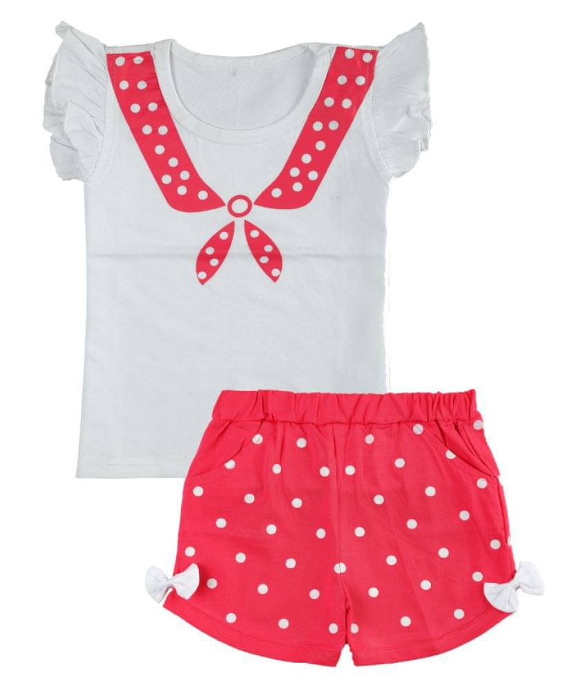    			CATCUB Girls 100% Cotton Top With Shorts ( White & Pink )