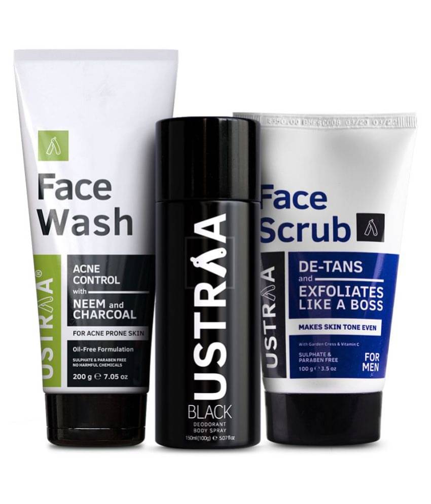     			Ustraa Black Deodorant - 150ml, De-tan Face Scrub - 100g & Face Wash Neem and Charcoal - 200g