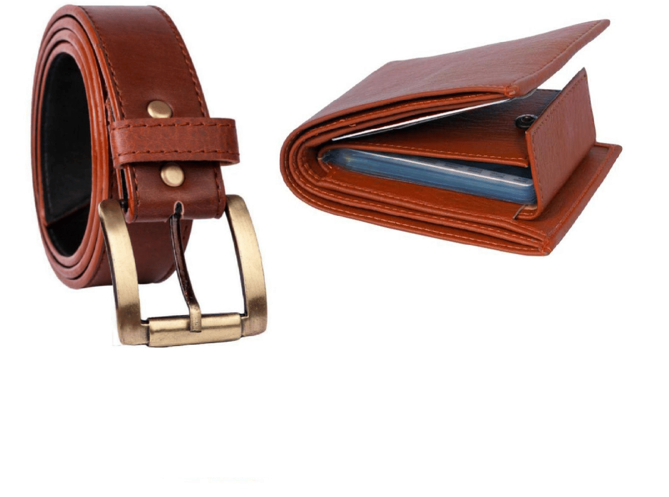BELVEL LUXURIES Brown Faux Leather Belts Wallets Set Belt