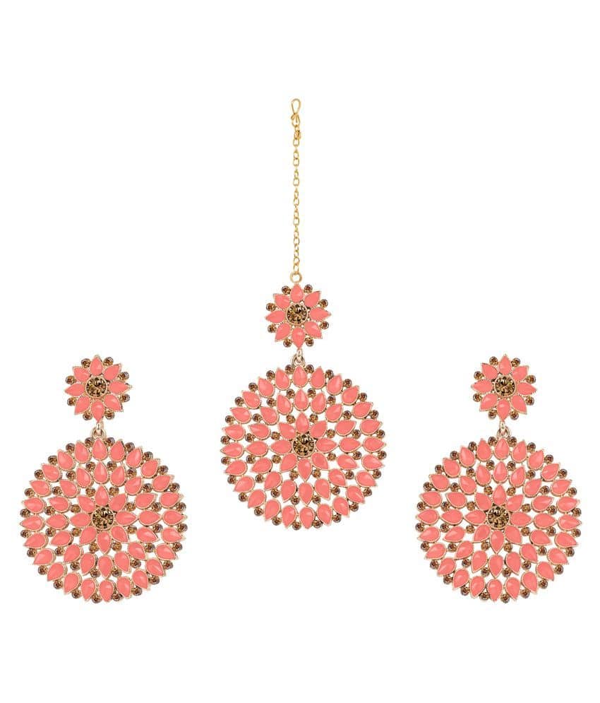 Gold Plated Stone and Diamond Studded Maang Tikka with Dangler Earrings for Women and Girls (Dark Green) - Jewellery Sets | Buy online on ZillyBuy