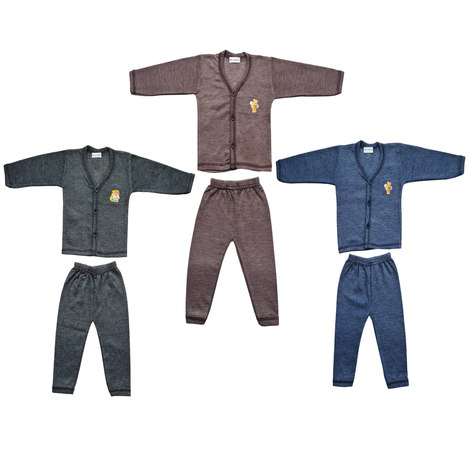    			Kids Baby Boy's & Girl's Warm Winter Plain Button Suit Set Top & Pajama New Born Till 18 Months (Pack Of 3 Sets)