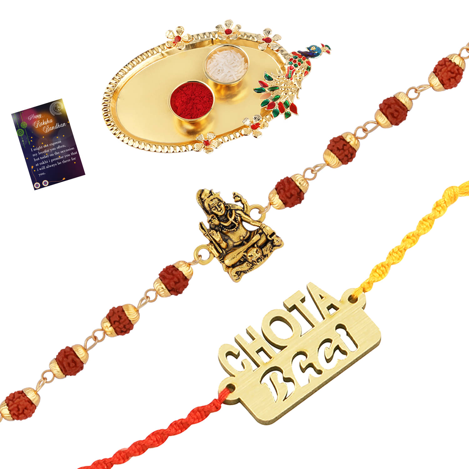 Paola Rakhi Rudraksh "Shiv Ji"With Exclusive Bhaiya Rakhi " CHOTA BHAI" With Roli Chawal And Greeting Card 1 Kankawati Pooja Thali Paola Rakhi Rudraksh "Shiv Ji"With Exclusive Bhaiya Rakhi " CHOTA BHAI" With Roli Chawal And Greeting Card 1 Kankawati Pooja Thali