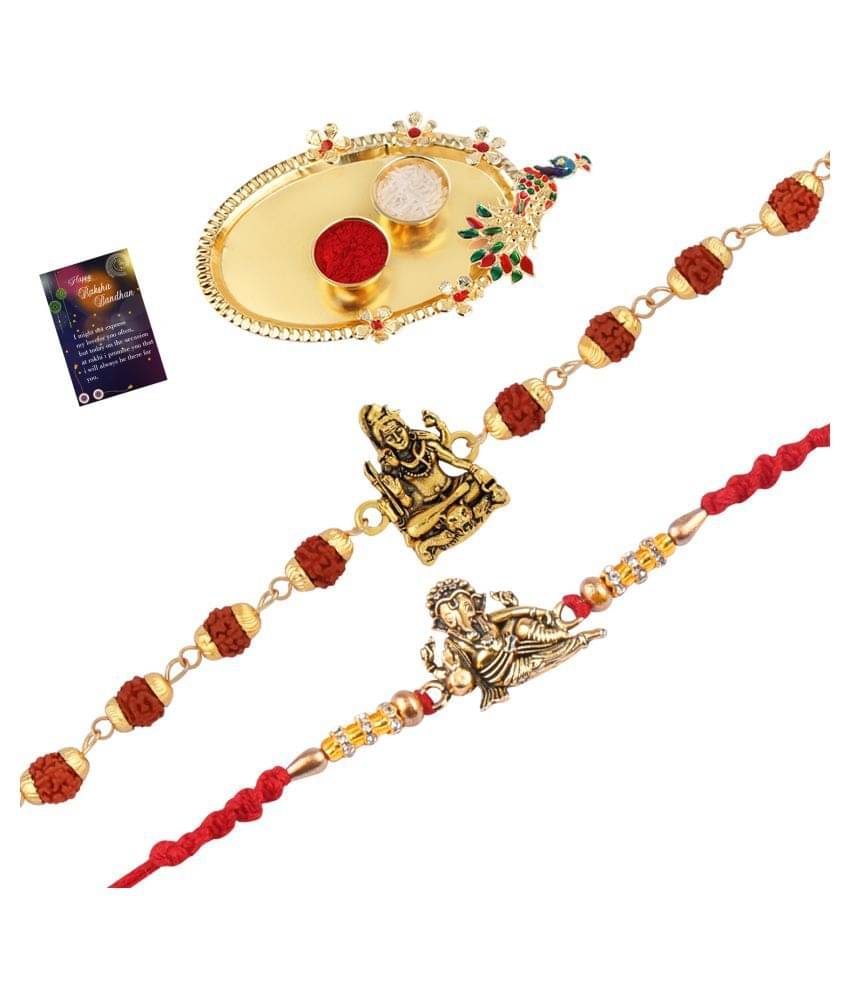     			Paola Rakhi  Rudraksh "Shiv Ji" With Designer Ganeshji   Rakhi  For Bhaiya With Roli Chawal And Greeting Card 1 Kankawati Pooja Thali