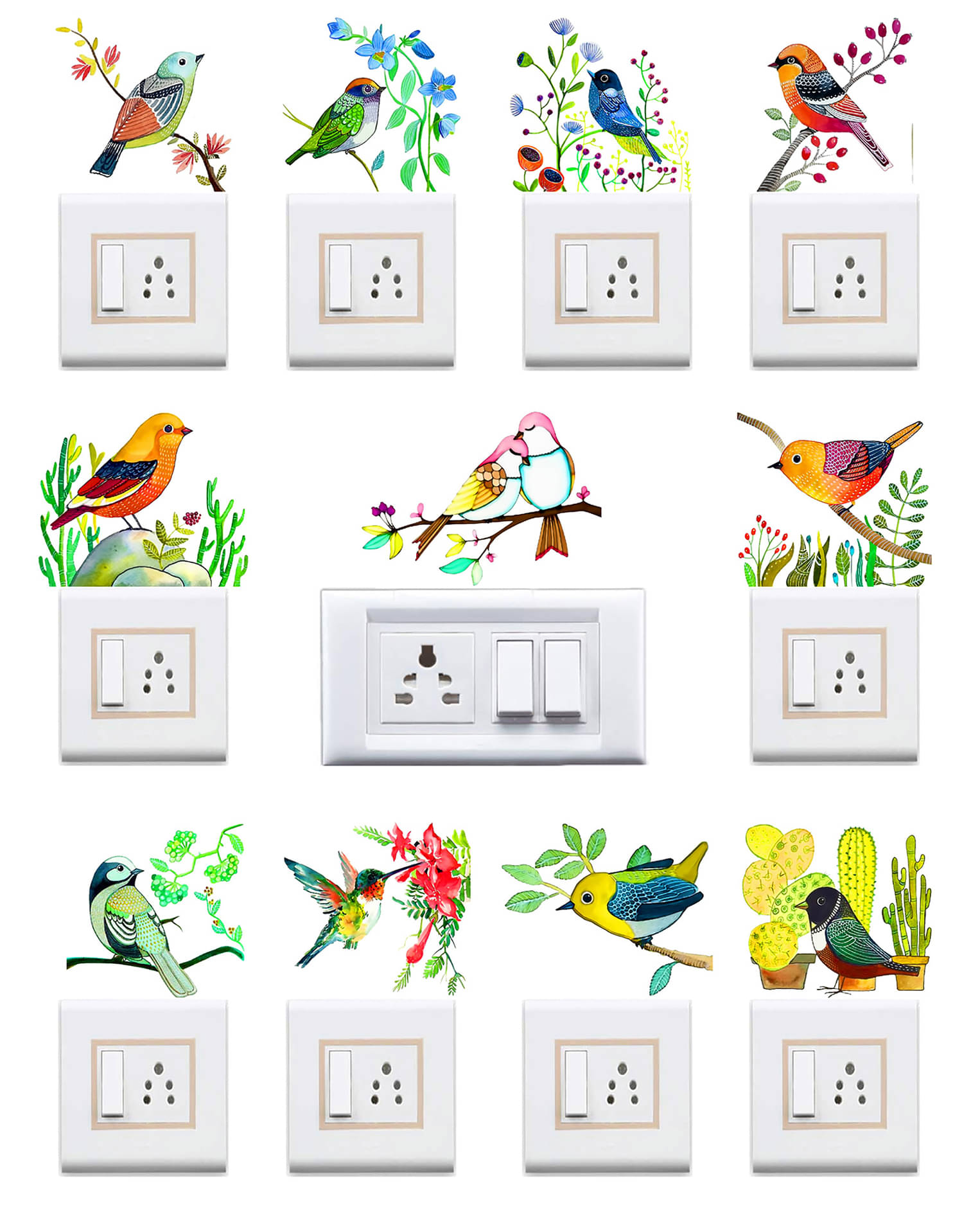     			WallDesign Birds & Branches Art Sticker Vinyl Switch Board Sticker - Pack of 11