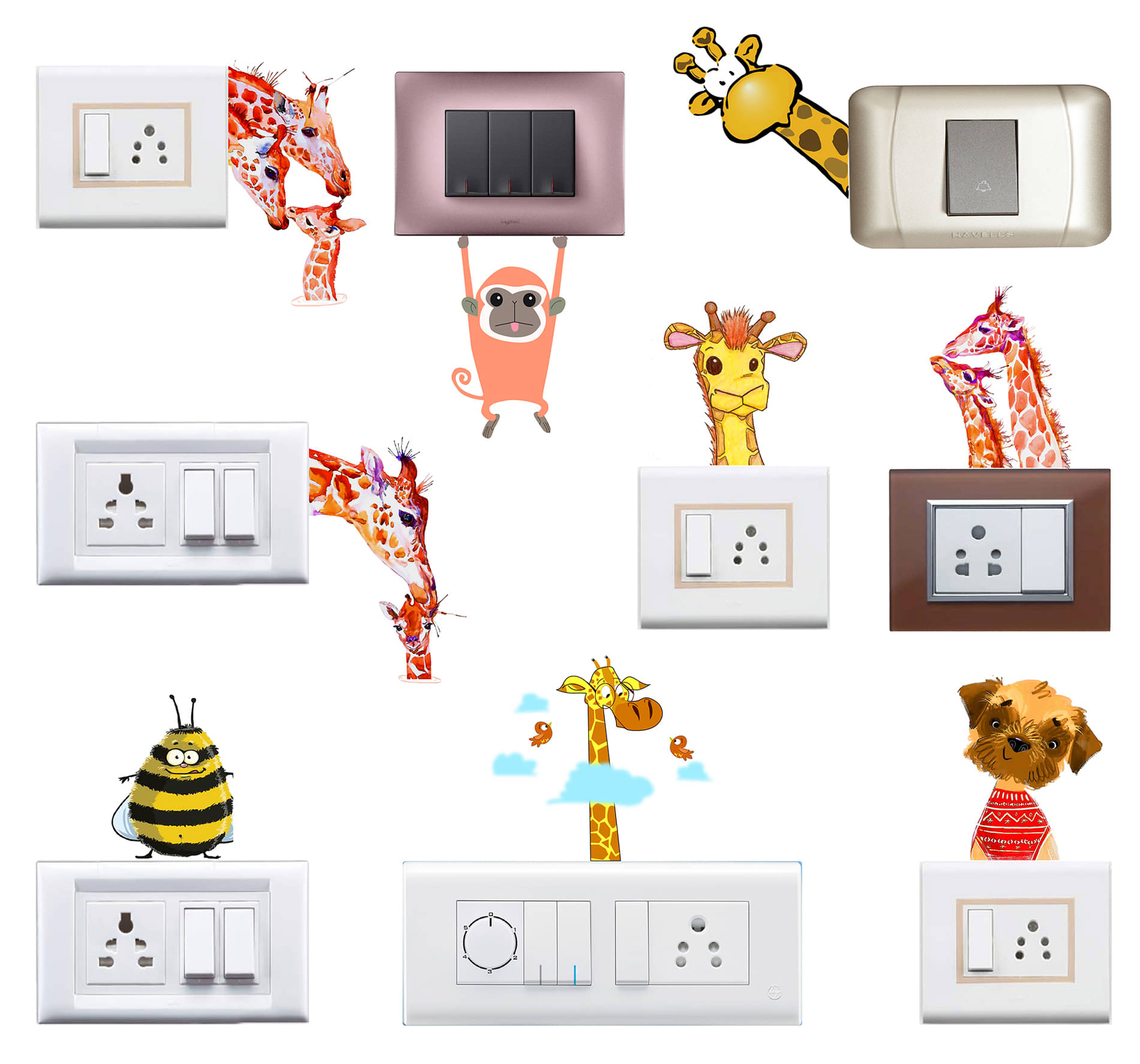     			WallDesign Colourful Animal Sticker Vinyl Switch Board Sticker - Pack of 9