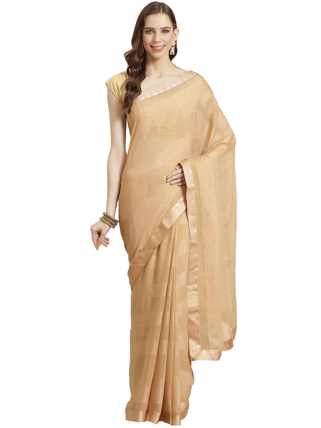 Aarrah Brasso Saree With Unstitched Blouse Piece ( Beige ) Aarrah Brasso Saree With Unstitched Blouse Piece ( Beige )