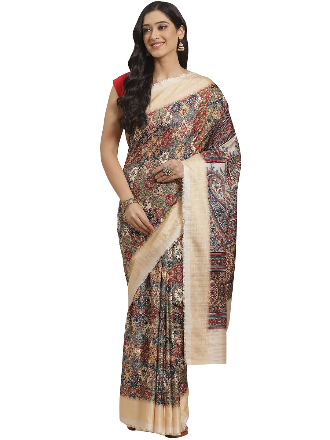 Aarrah Silk Blend Saree With Unstitched Blouse Piece ( Beige ) Aarrah Silk Blend Saree With Unstitched Blouse Piece ( Beige )