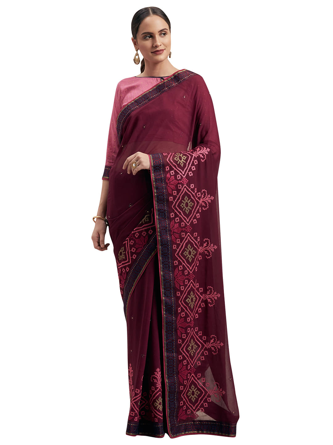 Aarrah Chiffon Saree With Unstitched Blouse Piece ( Maroon ) Aarrah Chiffon Saree With Unstitched Blouse Piece ( Maroon )