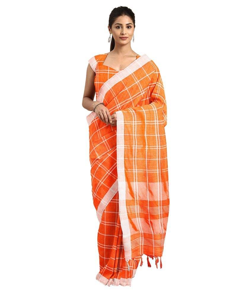 Aarrah Cotton Blend Saree With Unstitched Blouse Piece ( Orange ) Aarrah Cotton Blend Saree With Unstitched Blouse Piece ( Orange )