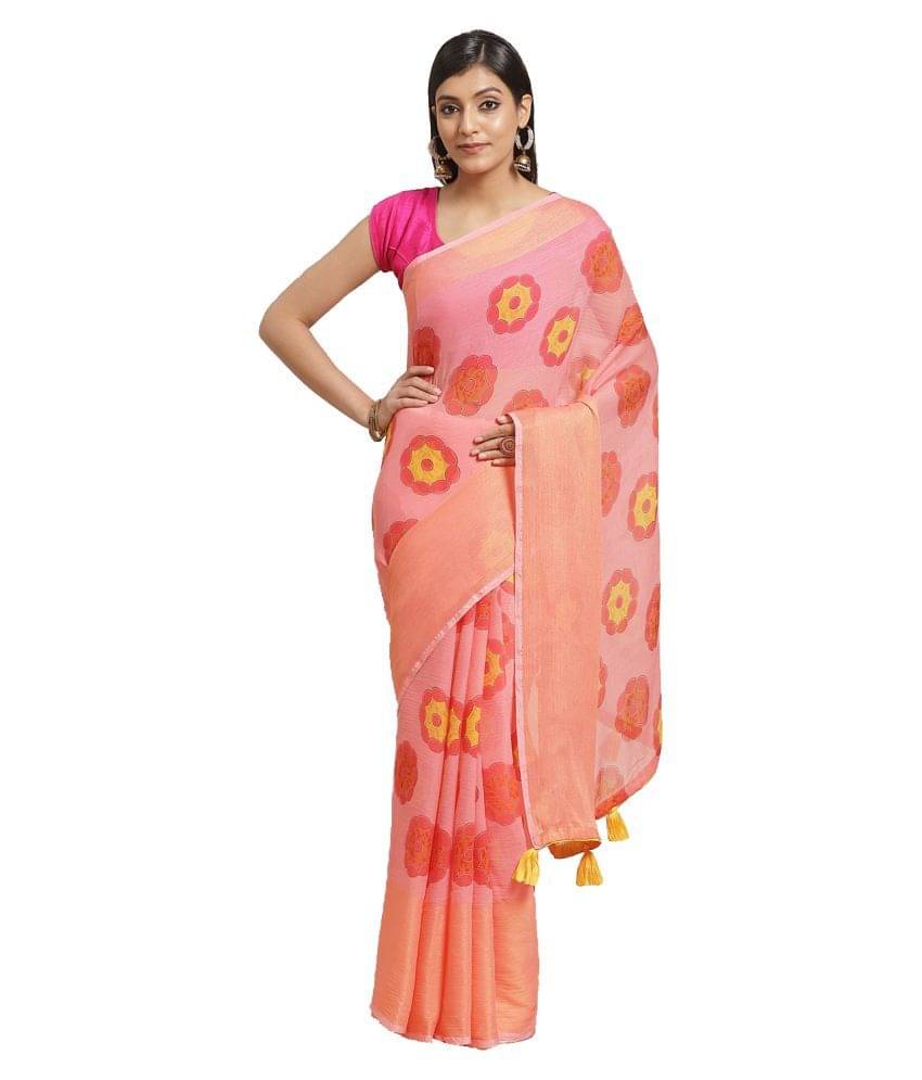 Aarrah Georgette Saree With Unstitched Blouse Piece ( Peach ) Aarrah Georgette Saree With Unstitched Blouse Piece ( Peach )