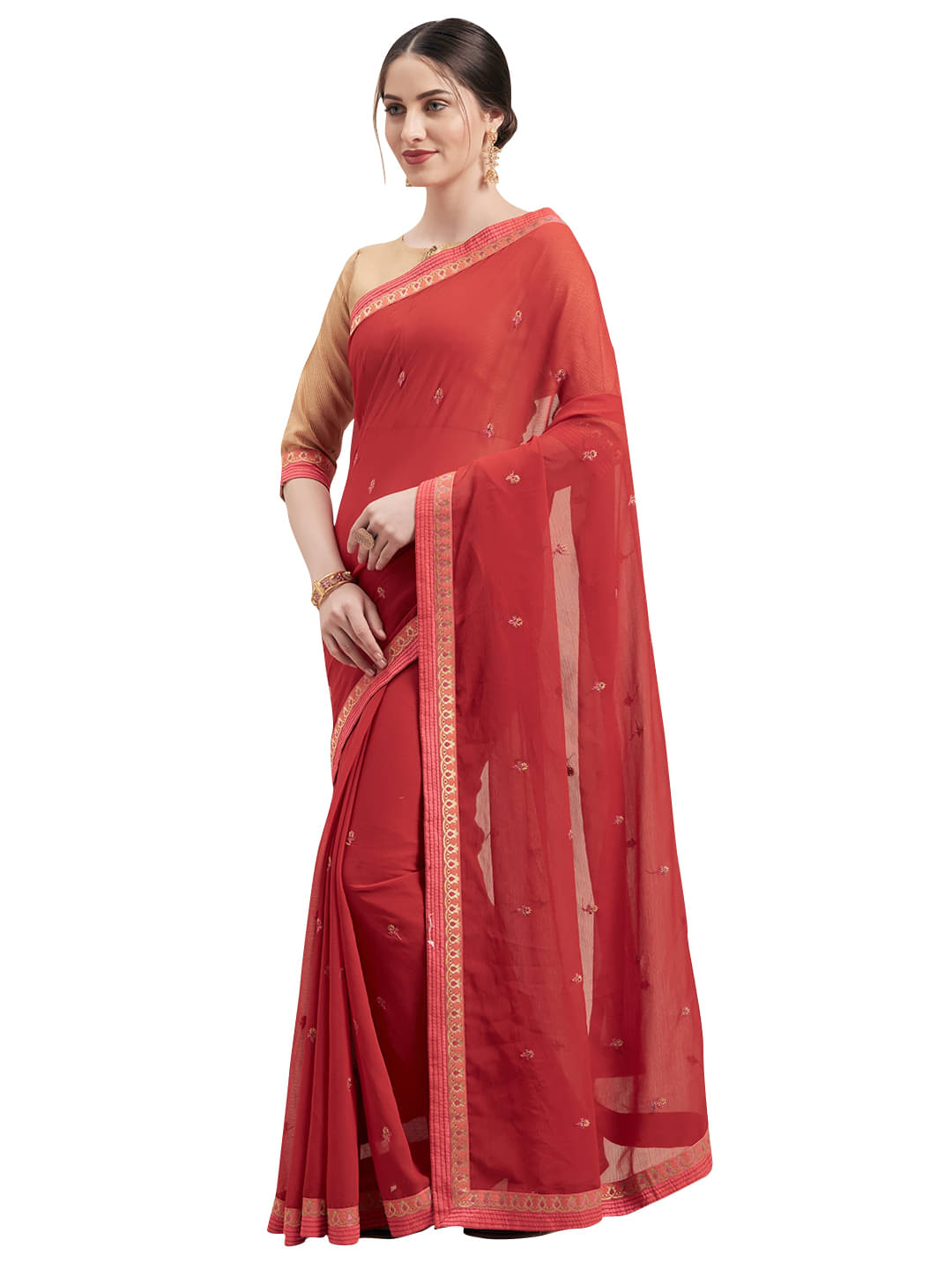 Aarrah Georgette Saree With Unstitched Blouse Piece ( Red ) Aarrah Georgette Saree With Unstitched Blouse Piece ( Red )
