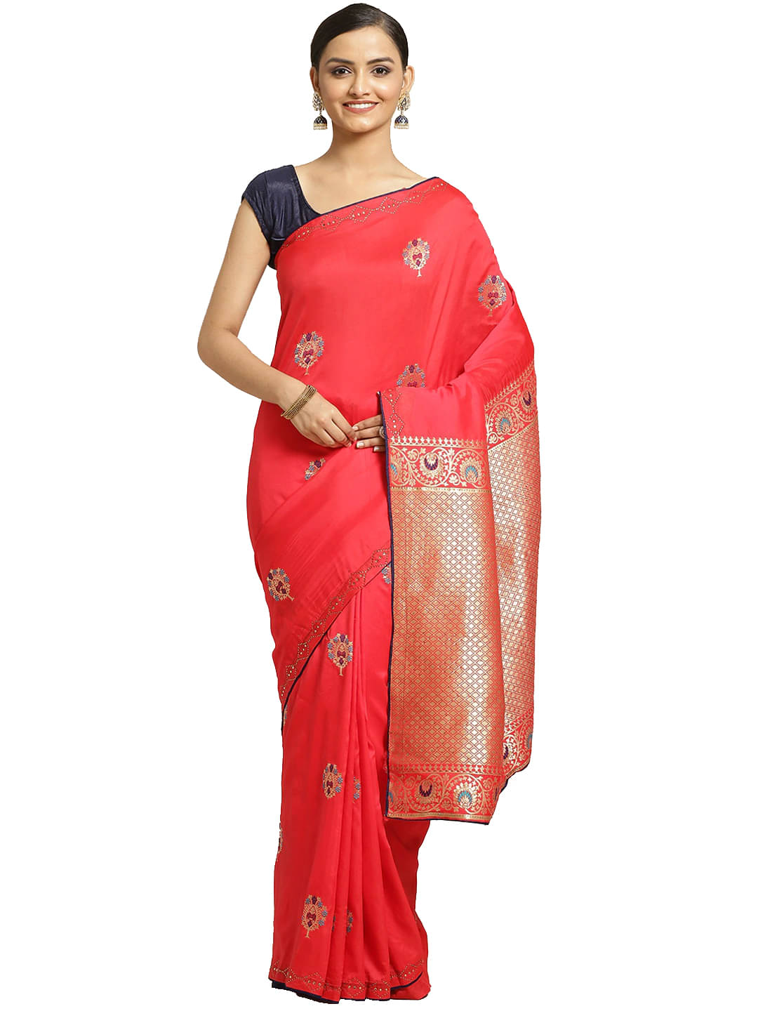 Aarrah Silk Blend Saree With Unstitched Blouse Piece ( Red ) Aarrah Silk Blend Saree With Unstitched Blouse Piece ( Red )