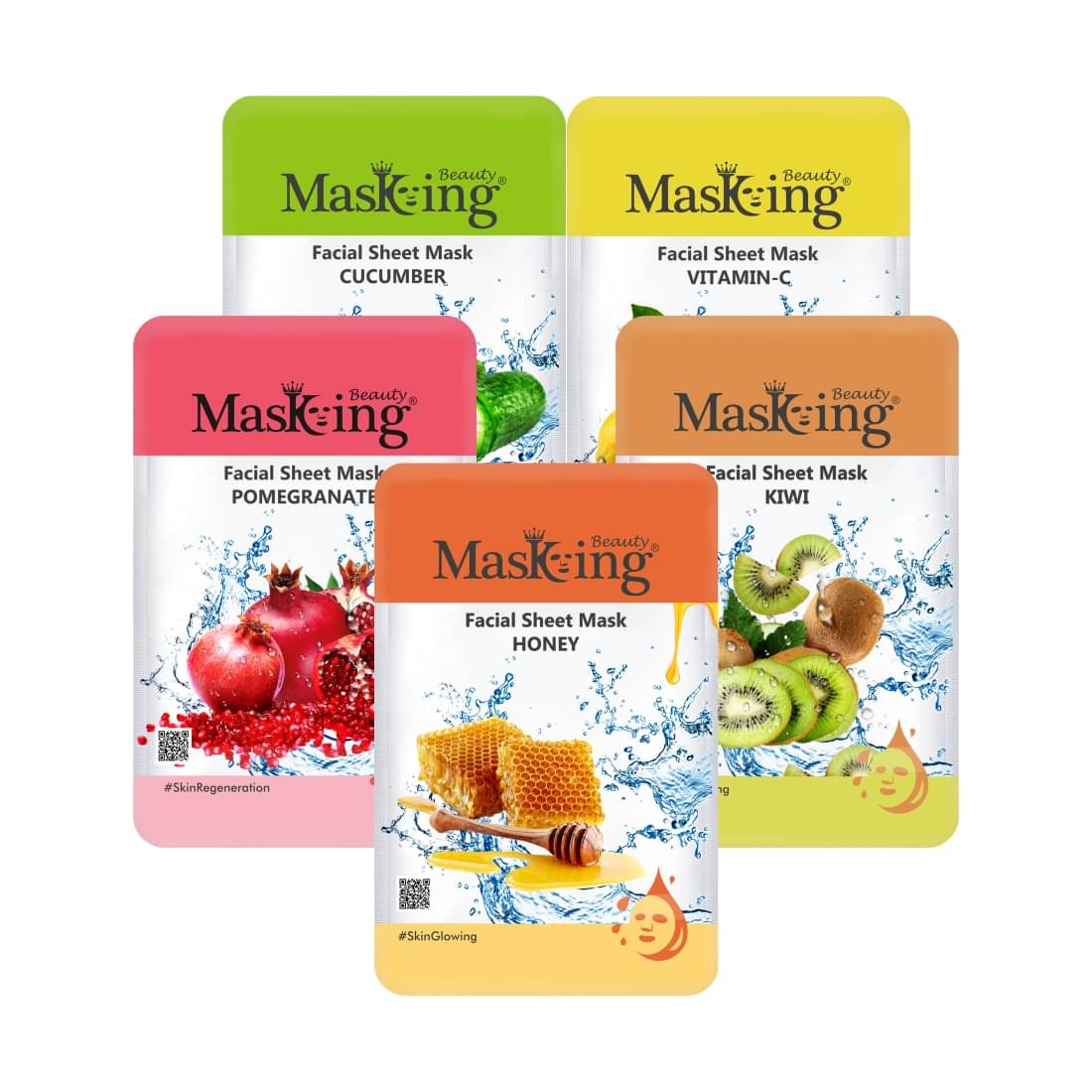     			Masking Beauty Cucumber Lemon Pomegranate Kiwi Honey Face Sheet Mask 100 ml Pack of 5