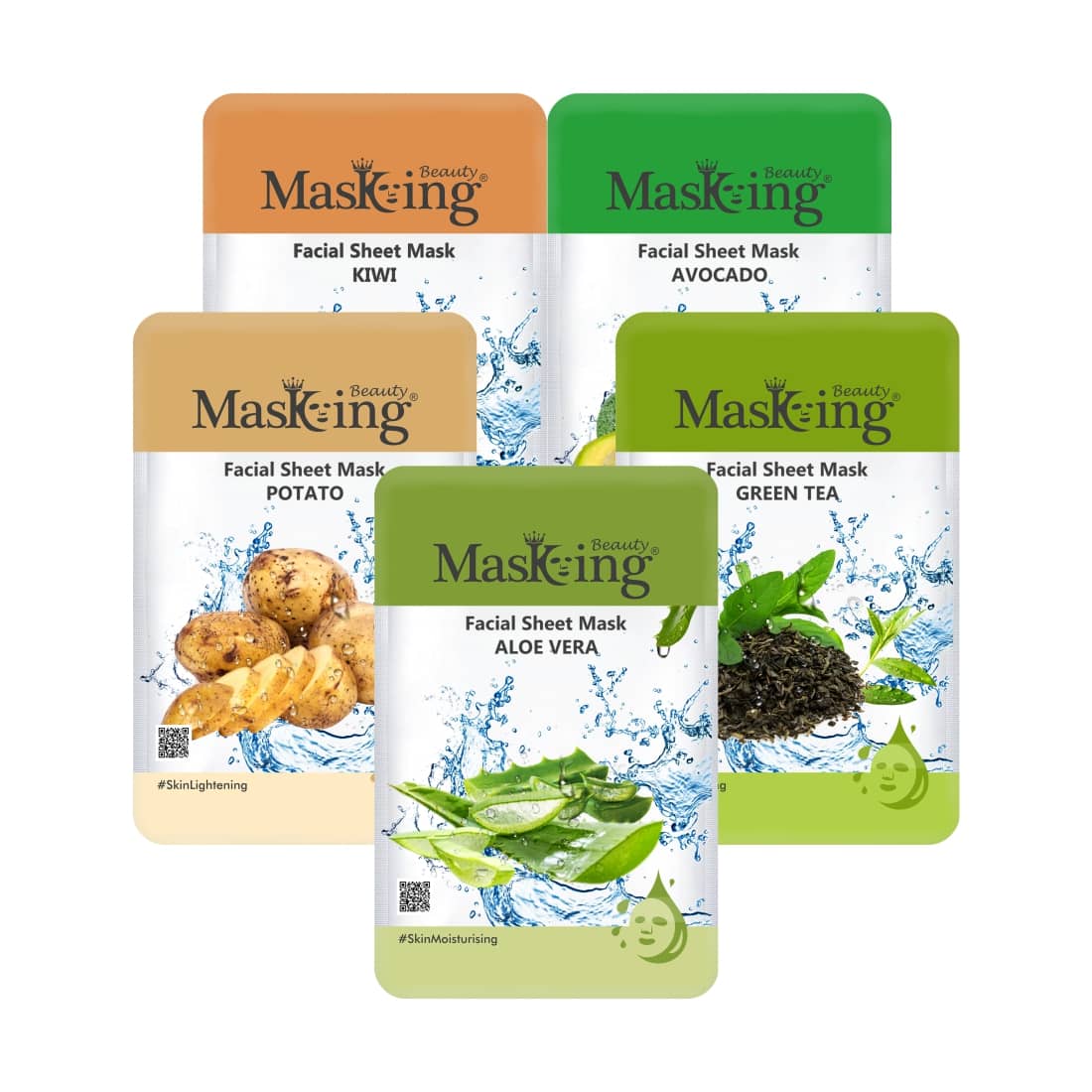 Masking Beauty Kiwi Avocado Potato Green Tea Aloe Vera Face Sheet Mask 100 ml Pack of 5