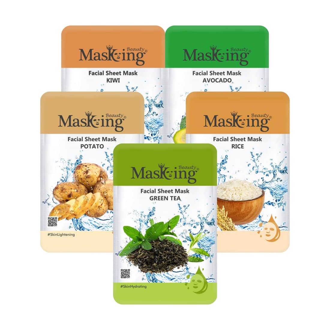 Masking Beauty Kiwi Avocado Potato Green Tea Rice Face Sheet Mask 100 ml Pack of 5