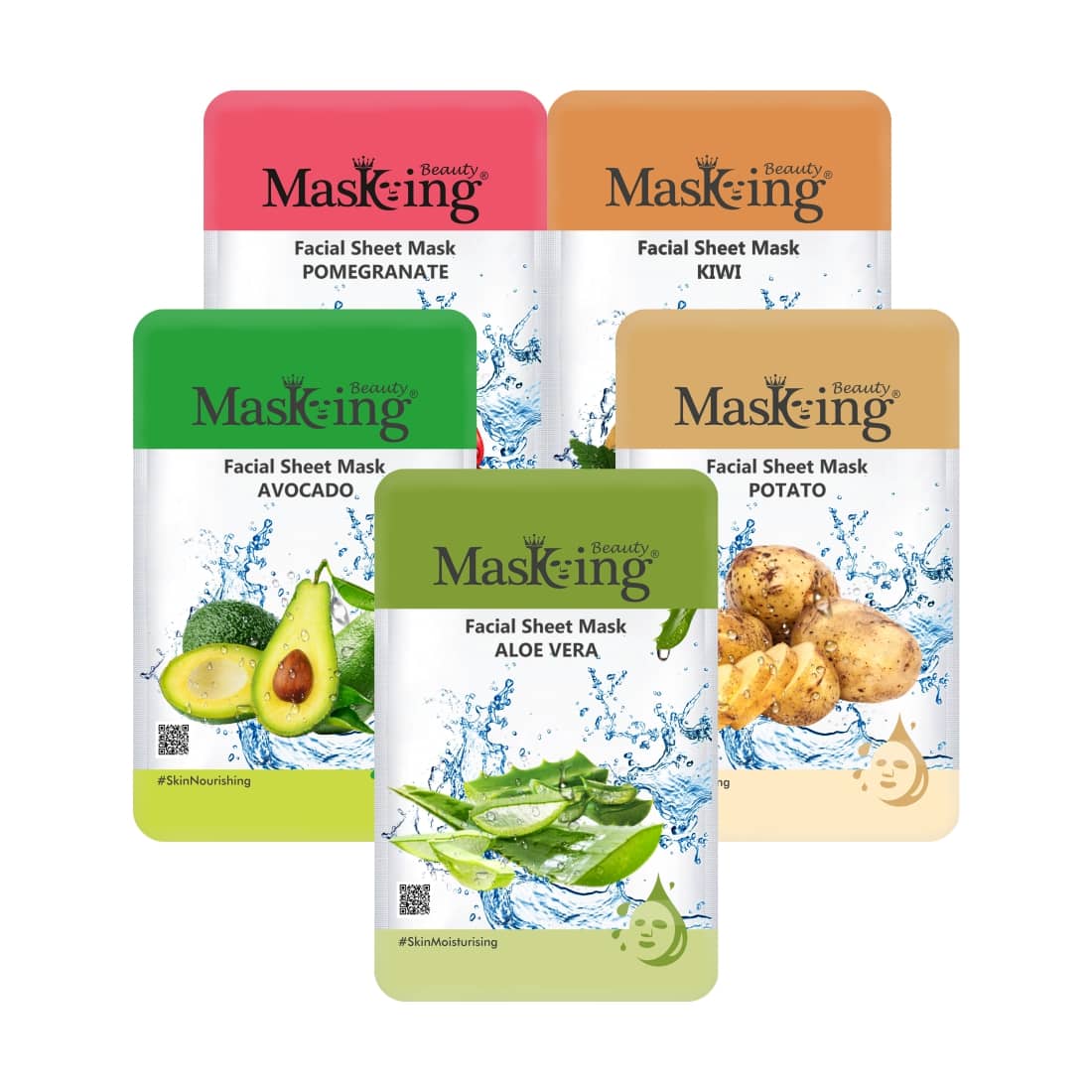 Masking Beauty Pomegranate Kiwi Avocado Potato Aloevera Face Sheet Mask 100 ml Pack of 5