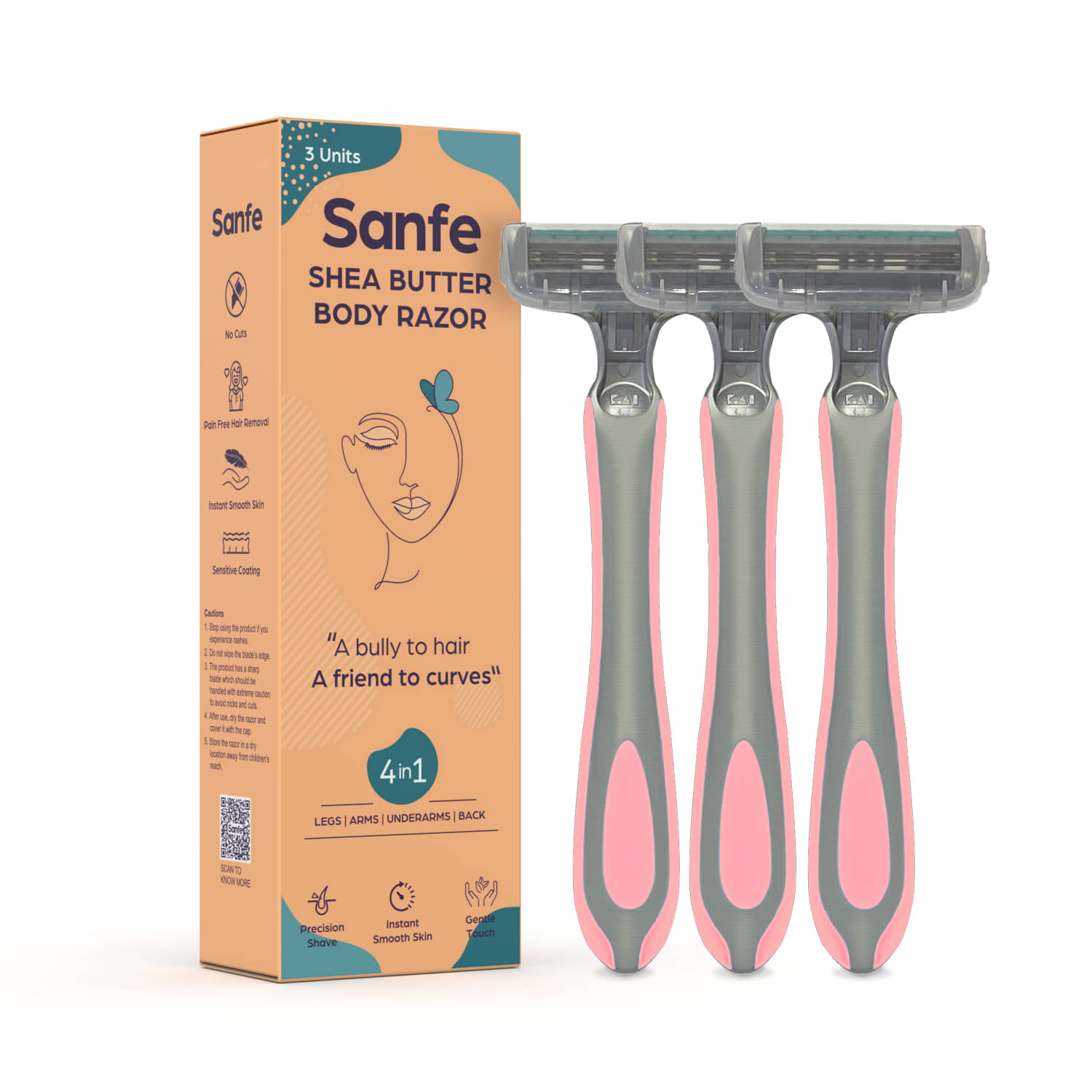 Sanfe Shea Butter Body Razor for Women's Hair Removal - Pack of 3 | Comfortable Handle | Instant & Pain Free Remover
