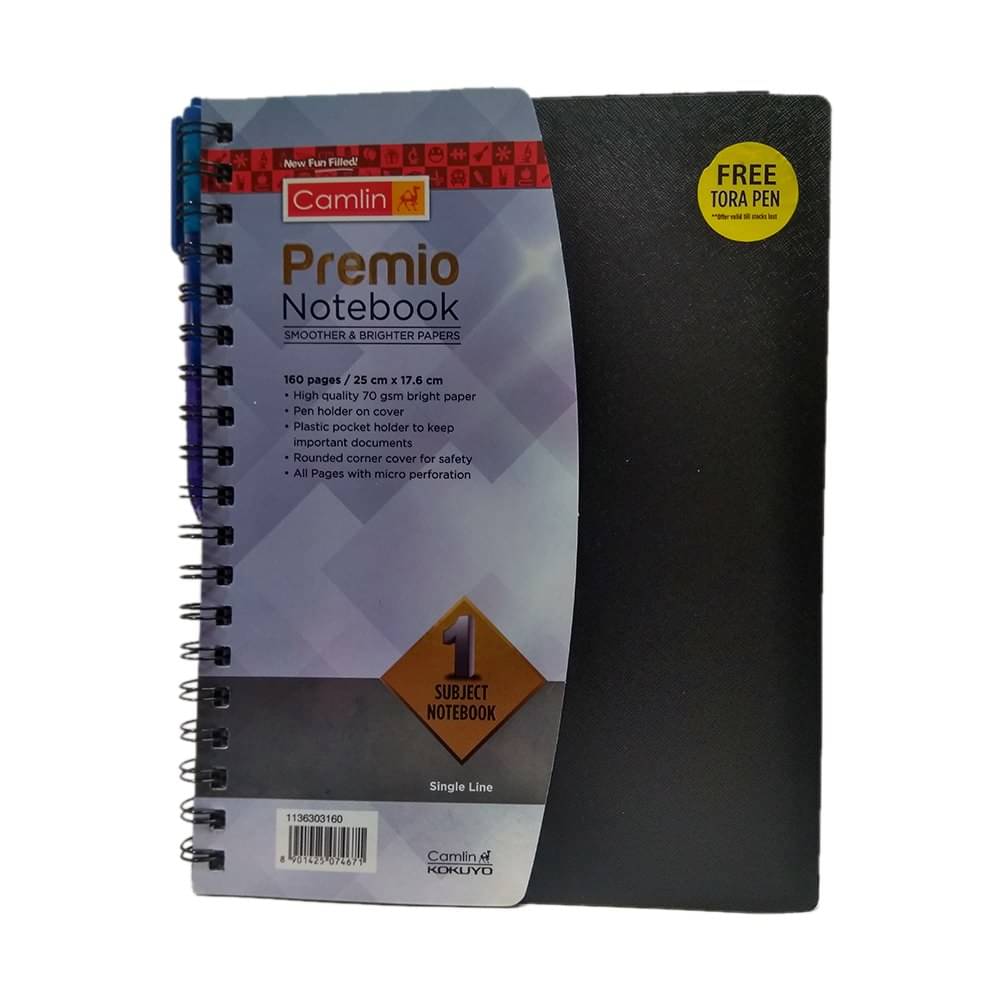 CAMLIN KOKUYO PREMIO NOTEBOOK (25CMX17.6CM) 160 PAGES WITH ONE TORA BLUE BALL PEN FREE PACK OF 3 CAMLIN KOKUYO PREMIO NOTEBOOK (25CMX17.6CM) 160 PAGES WITH ONE TORA BLUE BALL PEN FREE PACK OF 3
