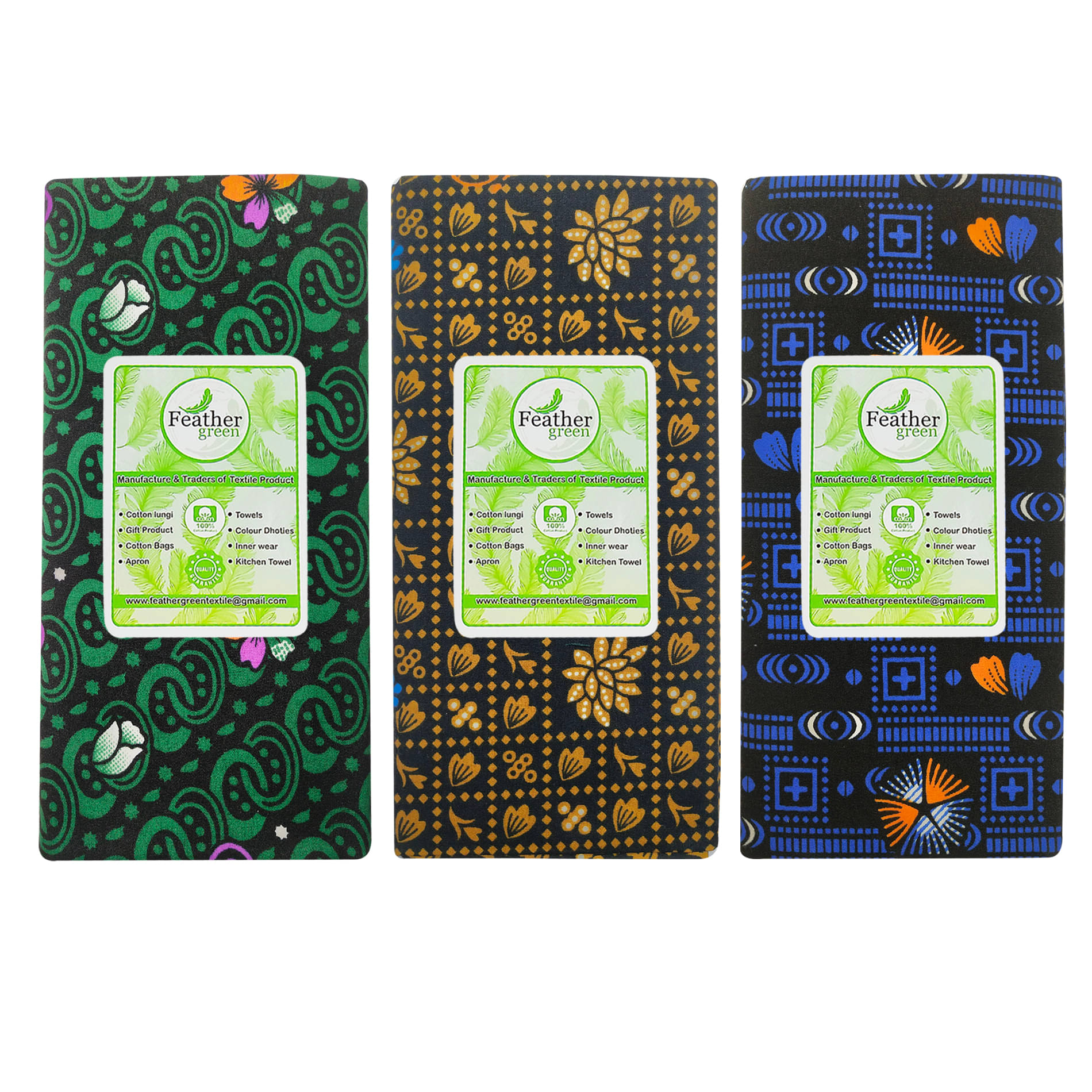 Feather Green Multi Lungi Pack of 3 Feather Green Multi Lungi Pack of 3
