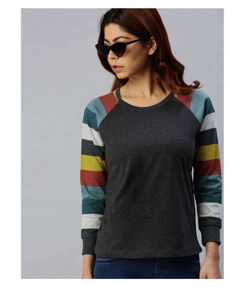 JUNEBERRY Women Cotton Colorblock Regular Fit Round Neck T-Shirt ( Grey )     			JUNEBERRY Women Cotton Colorblock Regular Fit Round Neck T-Shirt ( Grey )