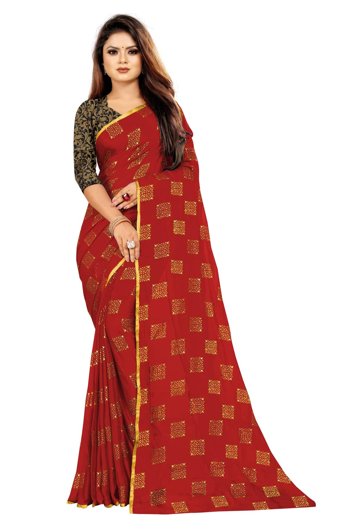 Rhey Chiffon Saree With Unstitched Blouse Piece ( Red ) - Sarees | Buy online on ZillyBuy
