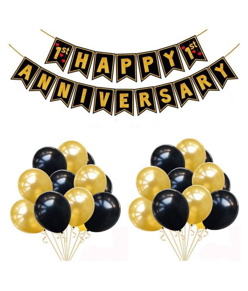     			1 Set First Happy Anniversary Banner Burlap Decorative Banner Printed Wedding Decoration Banner + 25 Pcs Balloon Black & Gold (Pack of 26)