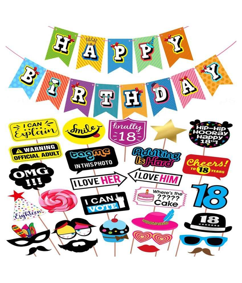     			1 Set Multicolour Happy Birthday Banner + 28 Piece 18th Birthday Photo Booth Party Props - Fully Assembled 18th Birthday Photo Booth Props Pink & Gold Selfie Signs - 18th Party Supplies & Decorations - Cute 18th Bday Designs - (Set of 29)