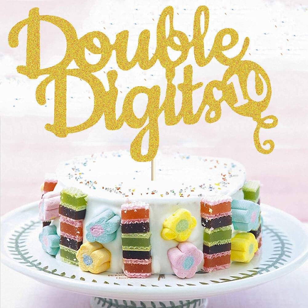     			Double Digits Banner,Double Digit Cake Topper, Fun Paper Sign for 10th Birthday Party Supplies, Gold 10th Birthday Party Decorations