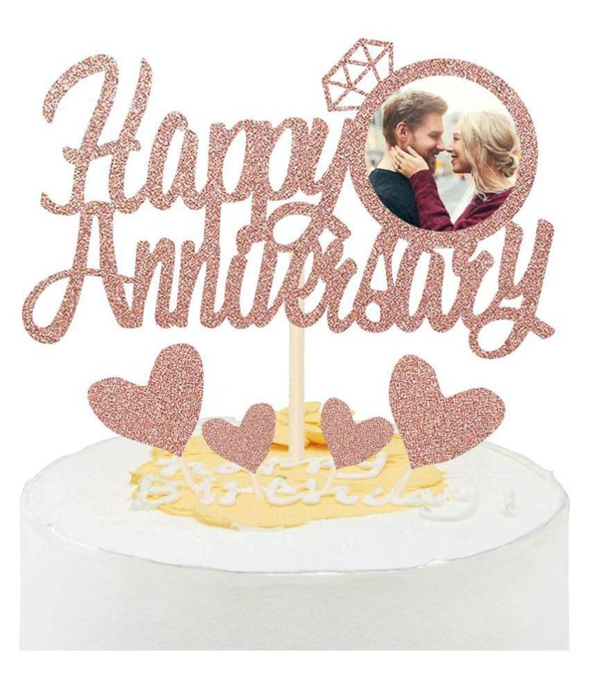     			Rose Gold Glitter Happy Anniversary Cake Topper with Diamond Ring Heart Cake Decorations Set for Wedding Graduation Retirement Company Celebration Party - Pack of 5