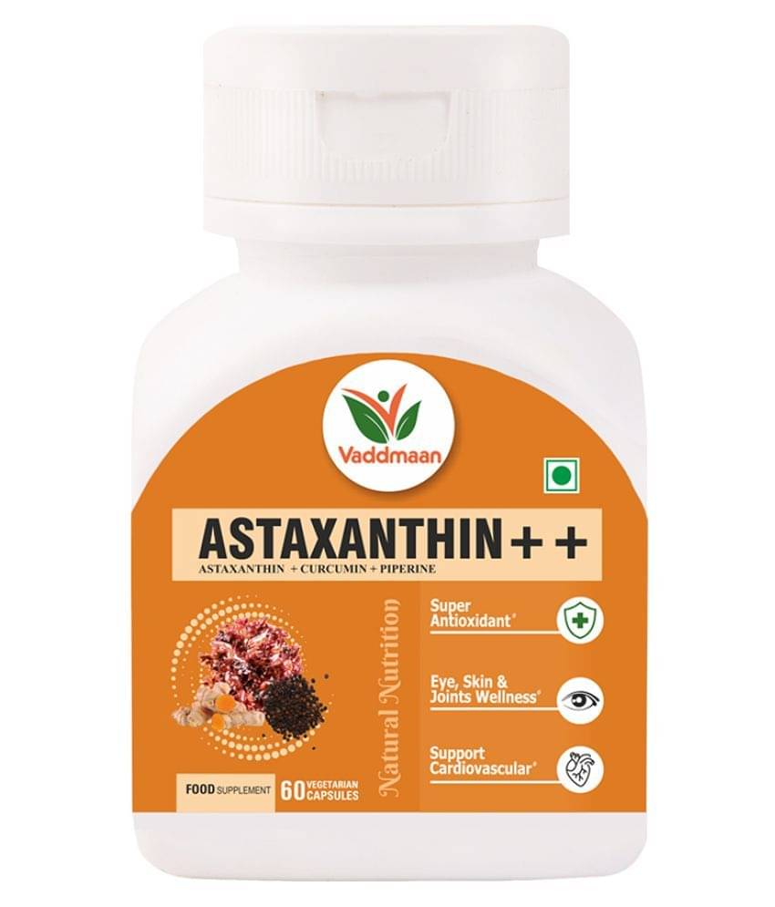 Vaddmaan Astaxanthin++ 60 Capsules, Pack Of 1 Natural Astaxanthin haematococcus pluvialis, Natural Curcumin 95%, Piperine 95% Super Antioxidant, Vegan, Eye, Brain & Joint Health Vaddmaan Astaxanthin++ 60 Capsules, Pack Of 1 Natural Astaxanthin haematococcus pluvialis, Natural Curcumin 95%, Piperine 95% Super Antioxidant, Vegan, Eye, Brain & Joint Health